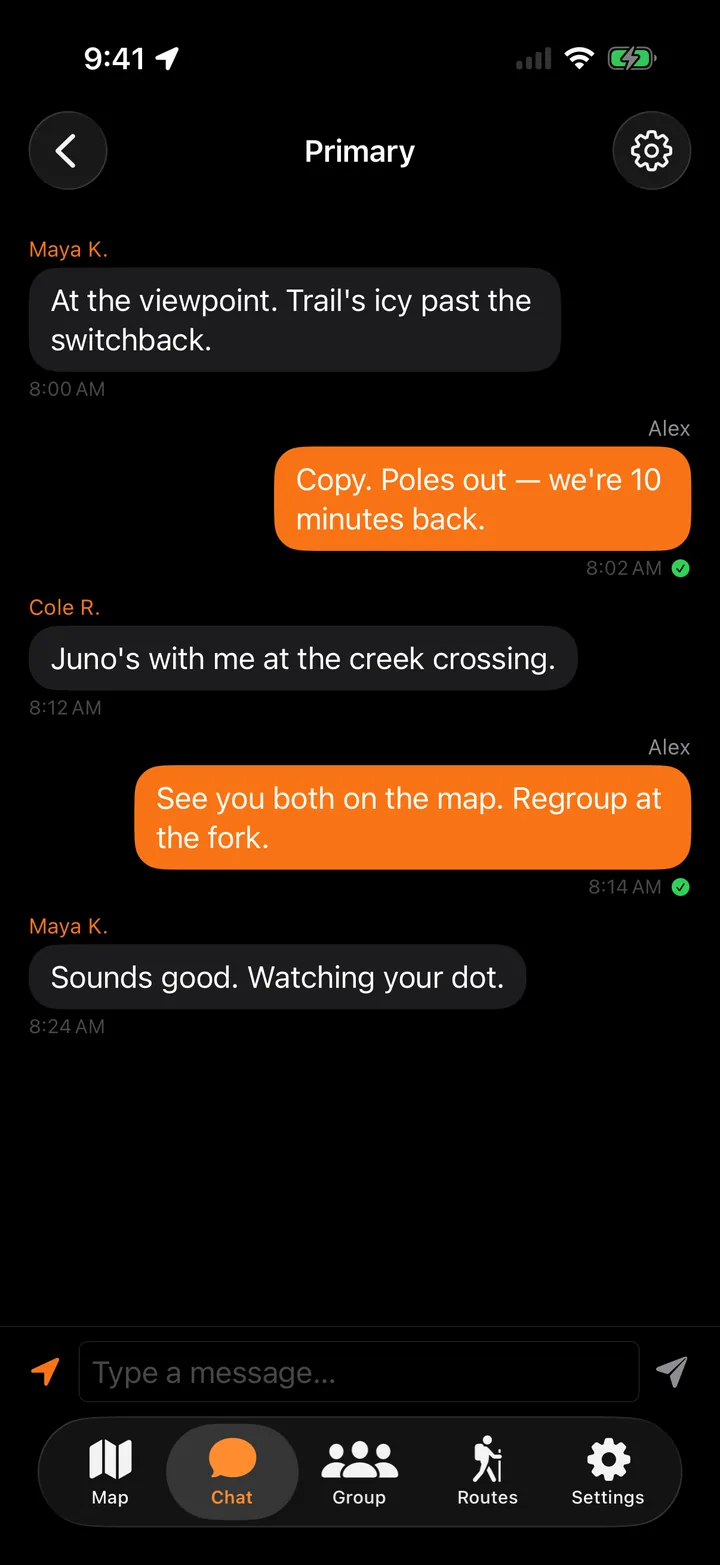 Smoke Signal group chat screen with a trail conversation between three hikers, each sent message showing a green delivered check mark.