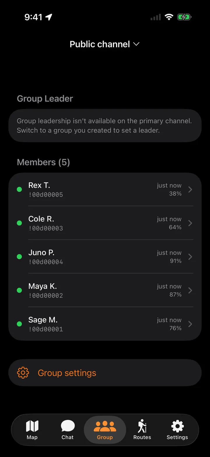 Smoke Signal group roster screen listing five members, each with an online indicator, last-heard time, and remaining battery percentage.