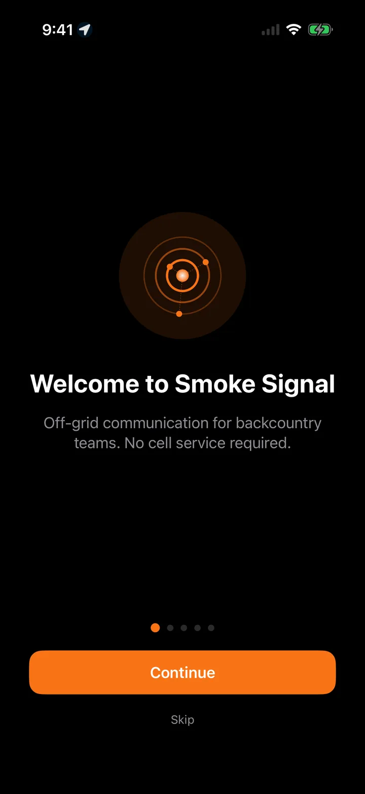 Smoke Signal welcome screen with the ring logomark and the text: off-grid communication for backcountry teams, no cell service required.